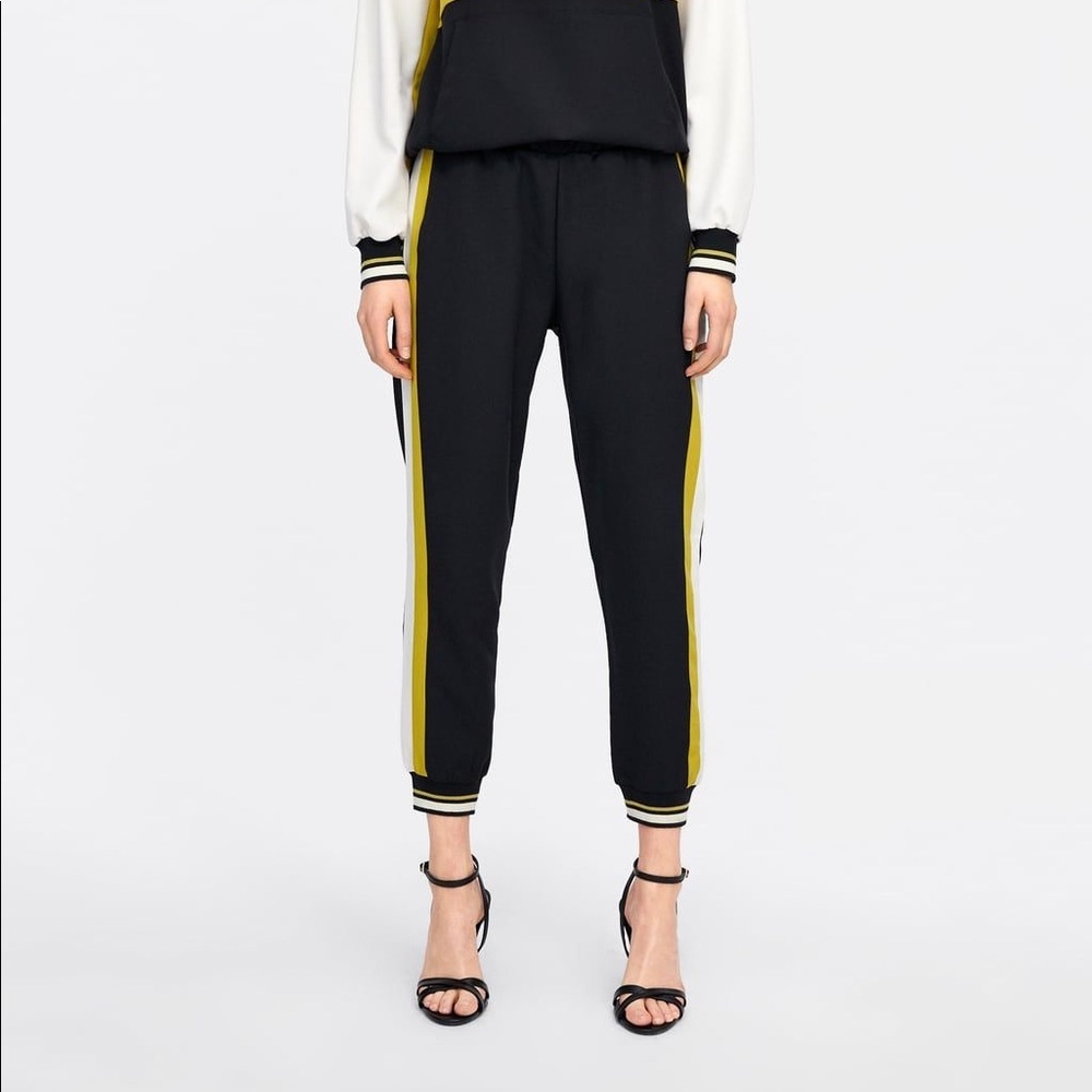 Zara Woman’s Black Green and White Striped Cropped Casual Joggers